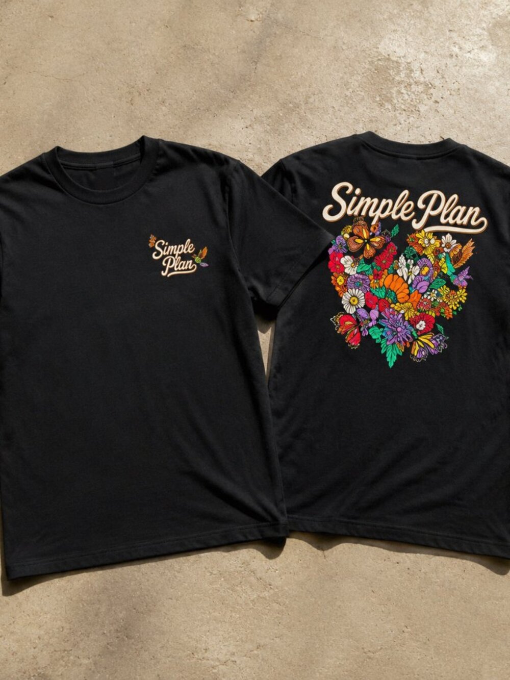 Simple Plan Floral Heart Double-Sided Black Pop Punk T-Shirt